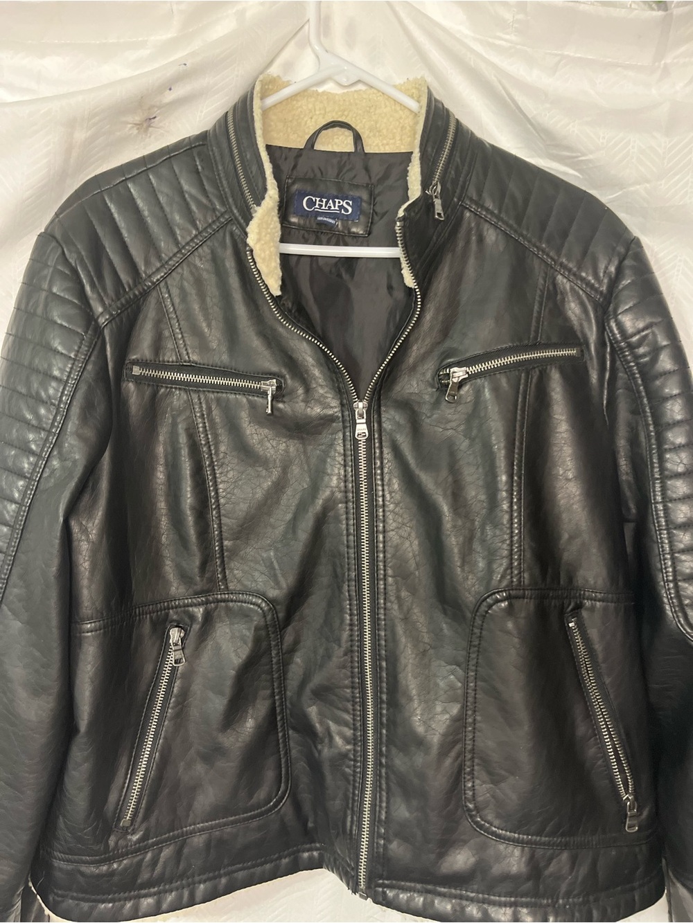 Chaps Black Faux-Leather Jacket with Cream Sherpa Collar XL